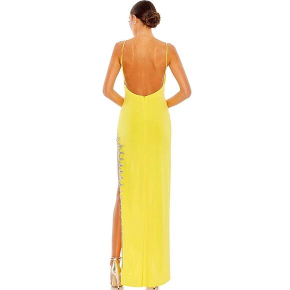 Mac Duggal 42002 Yellow Scoop Neck Beaded Slit Prom Dress Size 4 - Picture 2 of 7